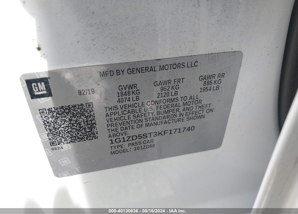 2019 CHEVROLET MALIBU LT VIN: 1G1ZD5ST3KF171740