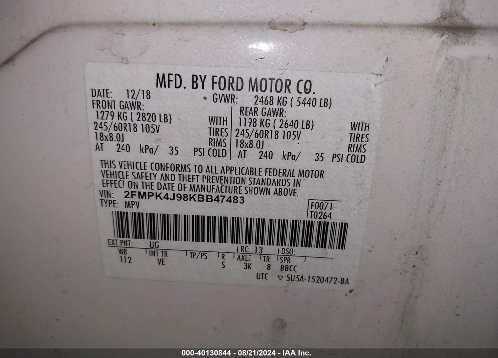 2019 FORD EDGE SEL VIN: 2FMPK4J98KBB47483