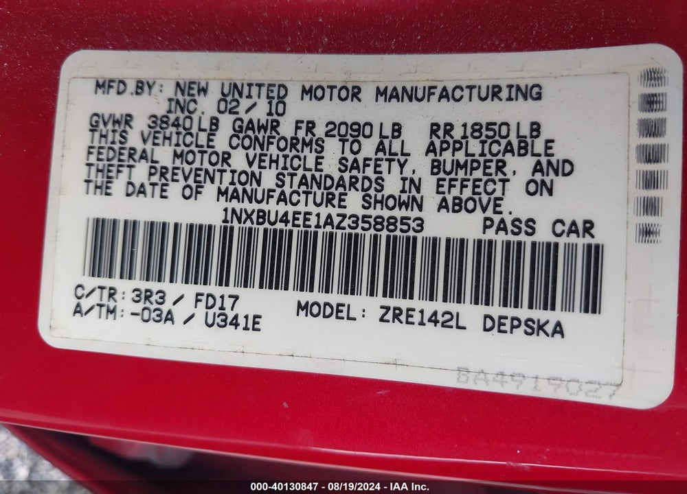 2010 TOYOTA COROLLA S VIN: 1NXBU4EE1AZ358853
