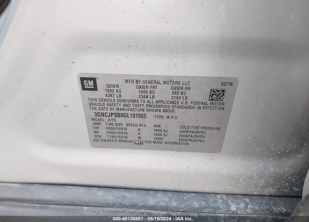 2016 CHEVROLET TRAX LT VIN: 3GNCJPSB8GL187865