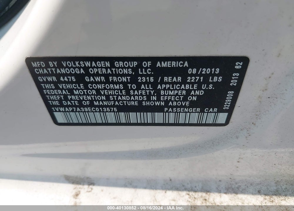 2014 VOLKSWAGEN PASSAT 2.5L S VIN: 1VWAP7A39EC013575