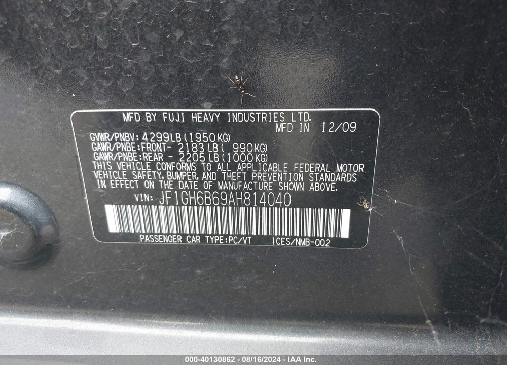 2010 SUBARU IMPREZA 2.5I PREMIUM VIN: JF1GH6B69AH814040