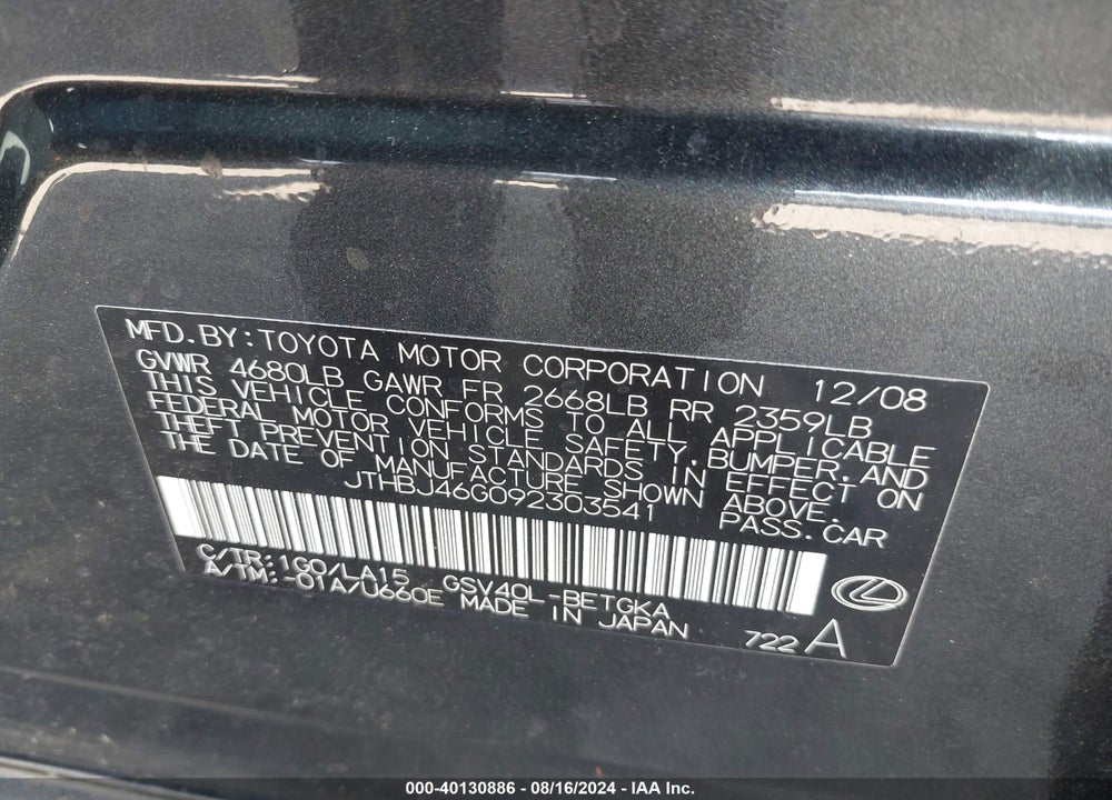2009 LEXUS ES 350 VIN: JTHBJ46G092303541