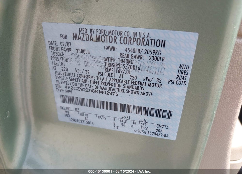 2008 MAZDA TRIBUTE I GRAND TOURING VIN: 4F2CZ92Z08KM02975