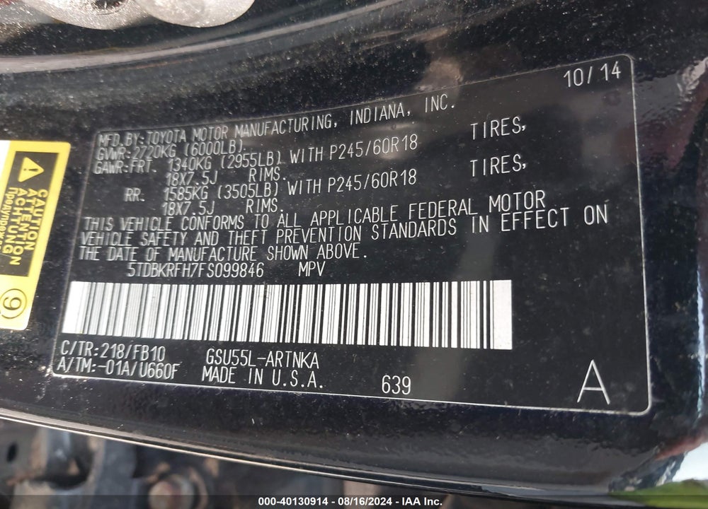2015 TOYOTA HIGHLANDER LE V6 VIN: 5TDBKRFH7FS099846