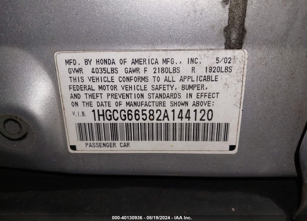 2002 HONDA ACCORD 2.3 LX VIN: 1HGCG66582A144120