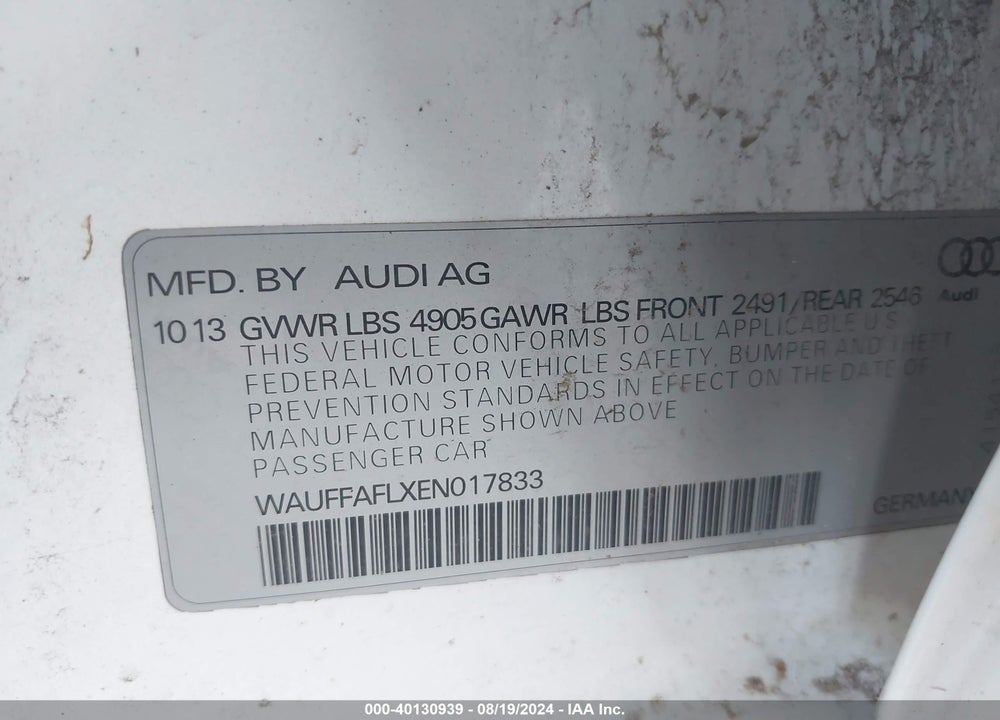 2014 AUDI A4 2.0T PREMIUM VIN: WAUFFAFLXEN017833