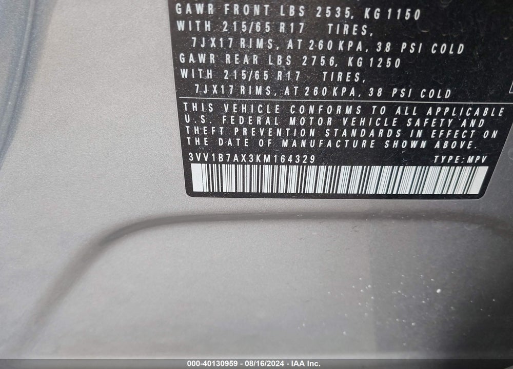2019 VOLKSWAGEN TIGUAN 2.0T S VIN: 3VV1B7AX3KM164329