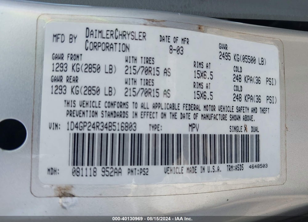 2004 DODGE GRAND CARAVAN VIN: 1D4GP24R34B516803