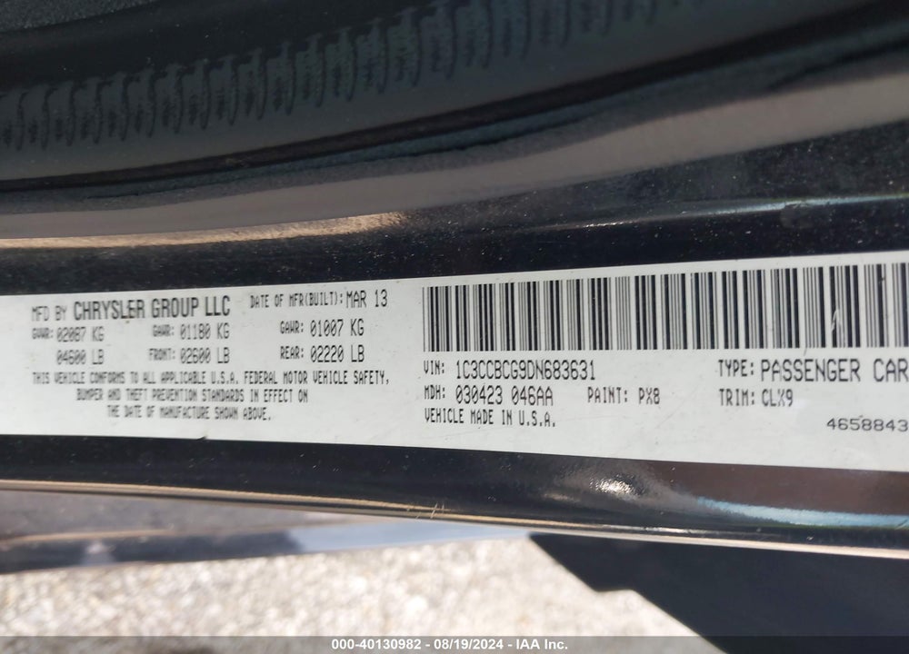 2013 CHRYSLER 200 LIMITED VIN: 1C3CCBCG9DN683631