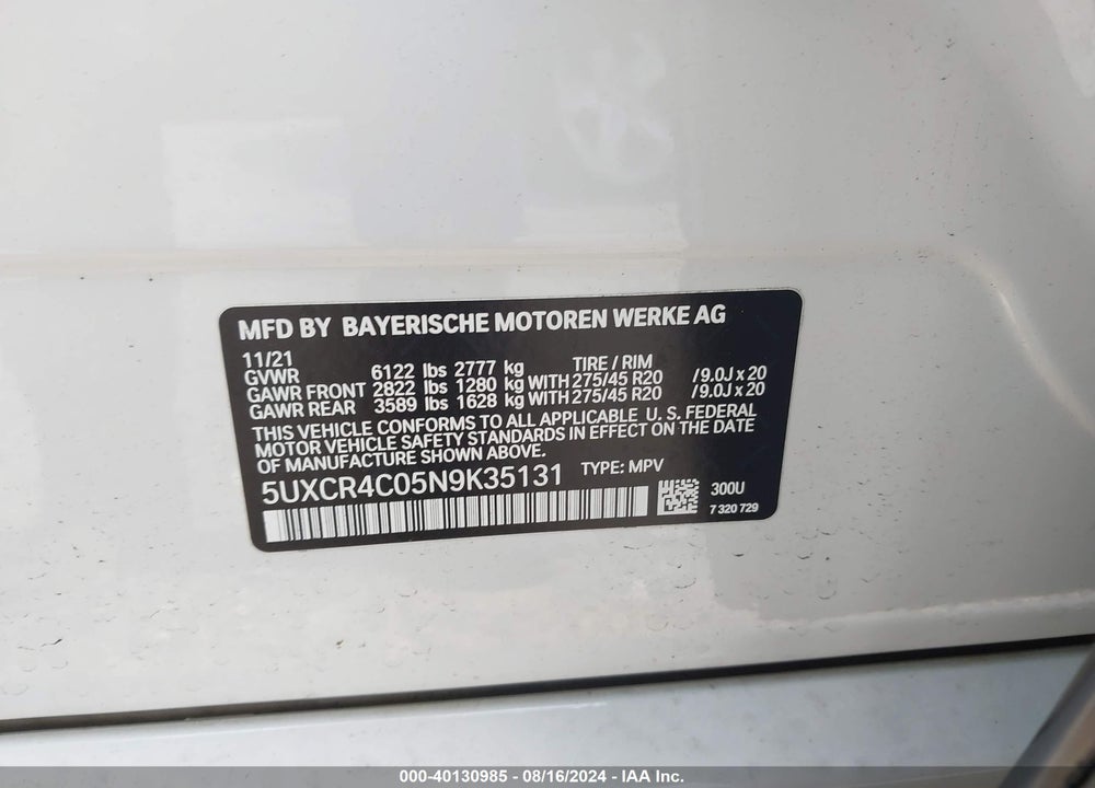 2022 BMW X5 SDRIVE40I VIN: 5UXCR4C05N9K35131