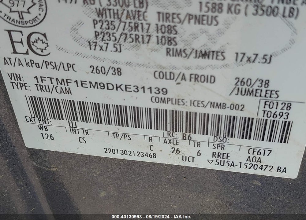 2013 FORD F-150 STX VIN: 1FTMF1EM9DKE31139