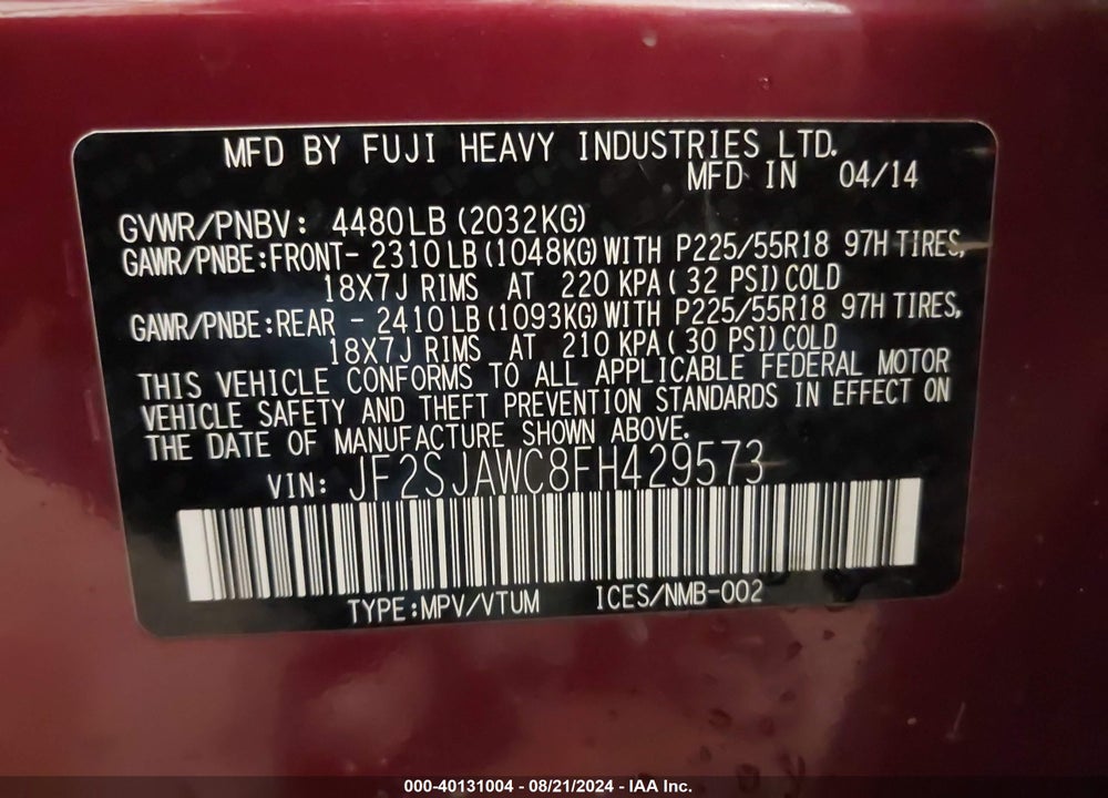 2015 SUBARU FORESTER 2.5I TOURING VIN: JF2SJAWC8FH429573