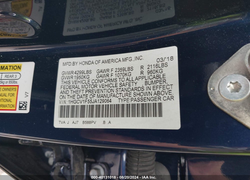 2018 HONDA ACCORD EX-L VIN: 1HGCV1F55JA129064