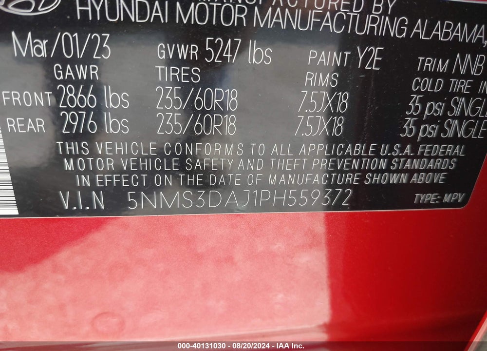 2023 HYUNDAI SANTA FE SEL VIN: 5NMS3DAJ1PH559372