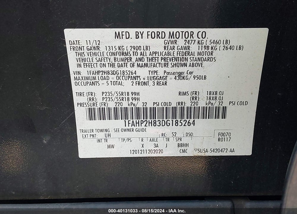 2013 FORD TAURUS SEL VIN: 1FAHP2H83DG185264