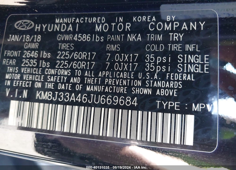 2018 HYUNDAI TUCSON SEL VIN: KM8J33A46JU669684