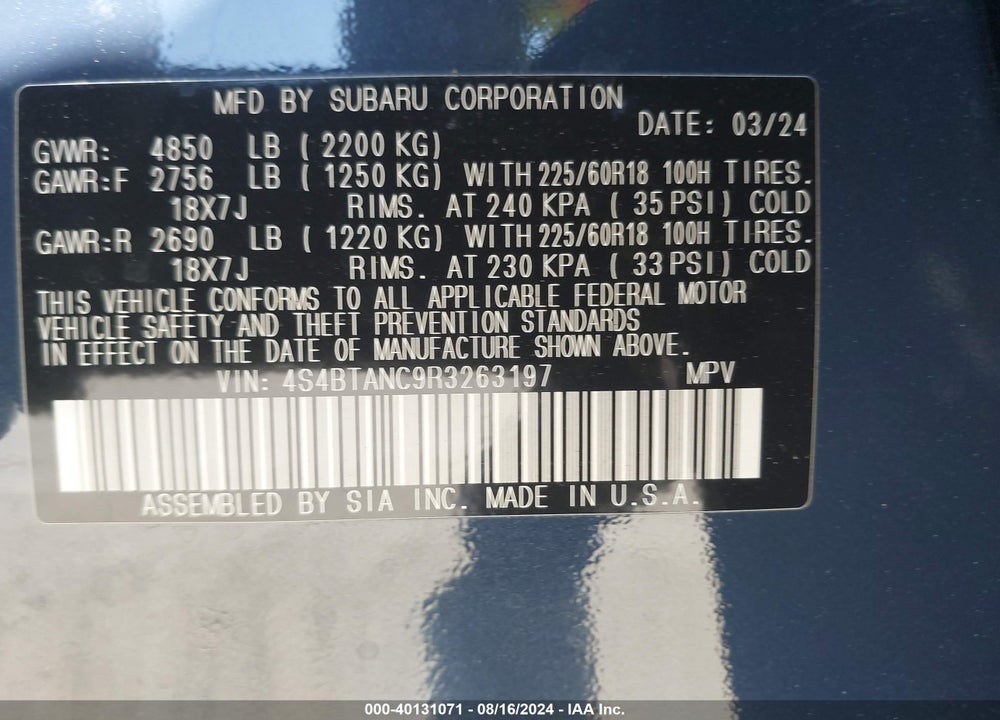 2024 SUBARU OUTBACK LIMITED VIN: 4S4BTANC9R3263197