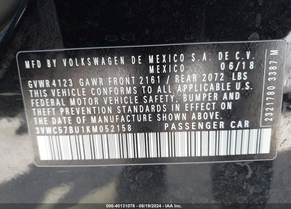 2019 VOLKSWAGEN JETTA 1.4T R-LINE/1.4T S/1.4T SE VIN: 3VWC57BU1KM052158