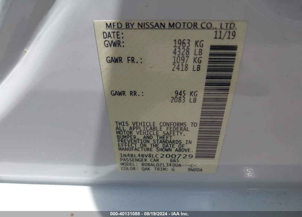2020 NISSAN ALTIMA S FWD VIN: 1N4BL4BV8LC200729