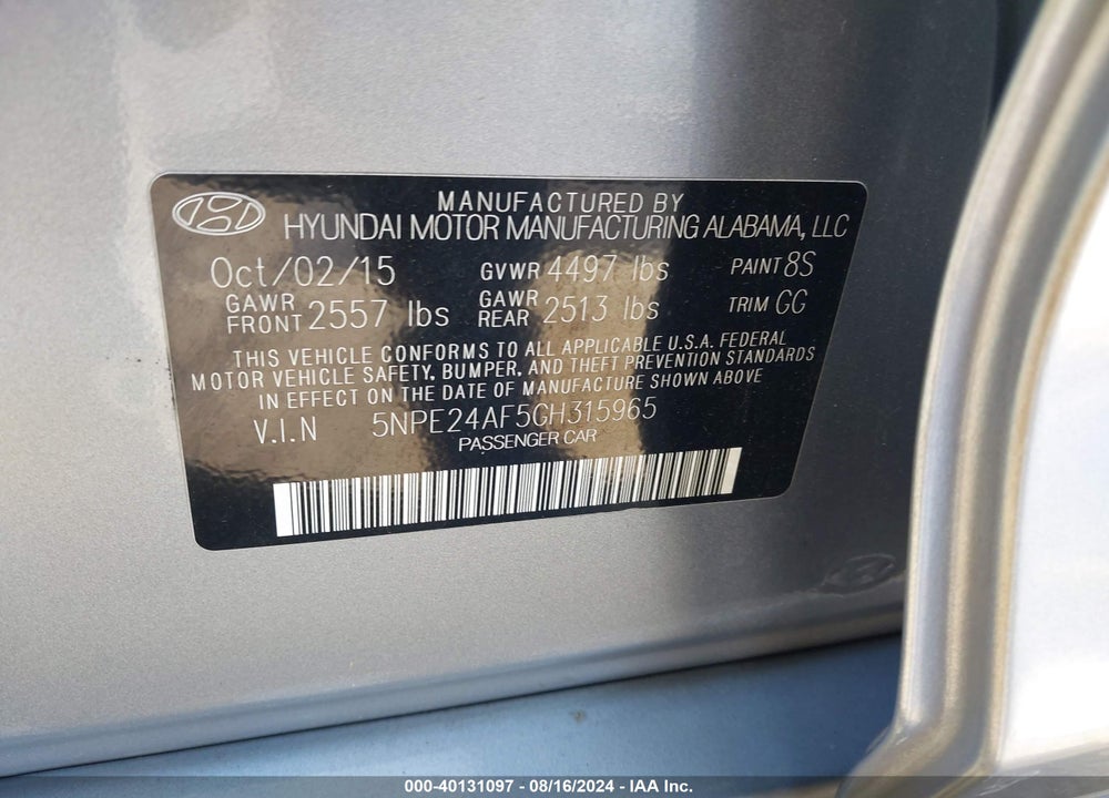 2016 HYUNDAI SONATA SE VIN: 5NPE24AF5GH315965