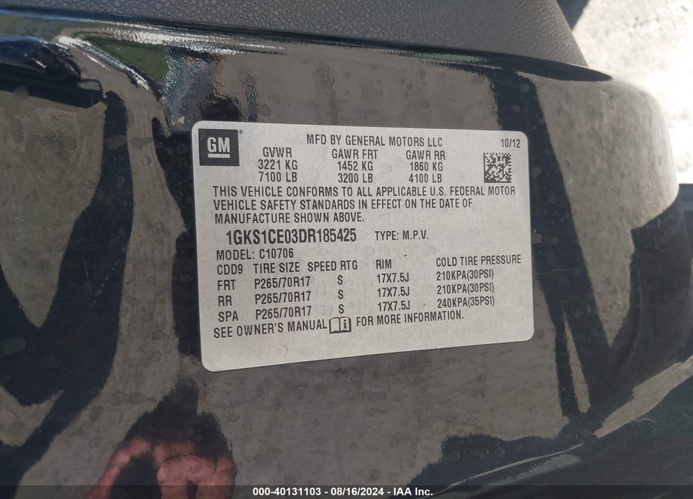 2013 GMC YUKON SLT VIN: 1GKS1CE03DR185425