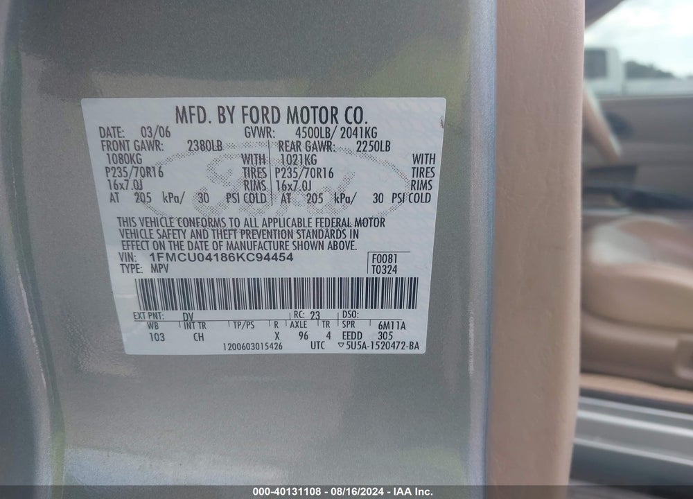 2006 FORD ESCAPE LIMITED VIN: 1FMCU04186KC94454