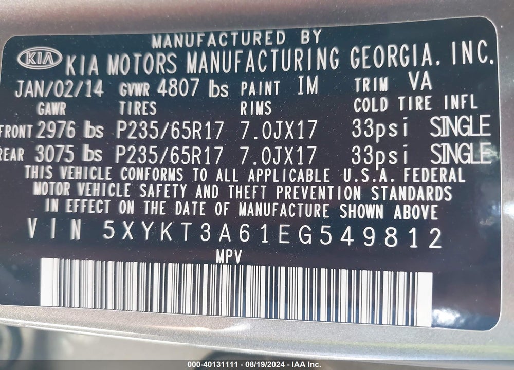 2014 KIA SORENTO LX VIN: 5XYKT3A61EG549812