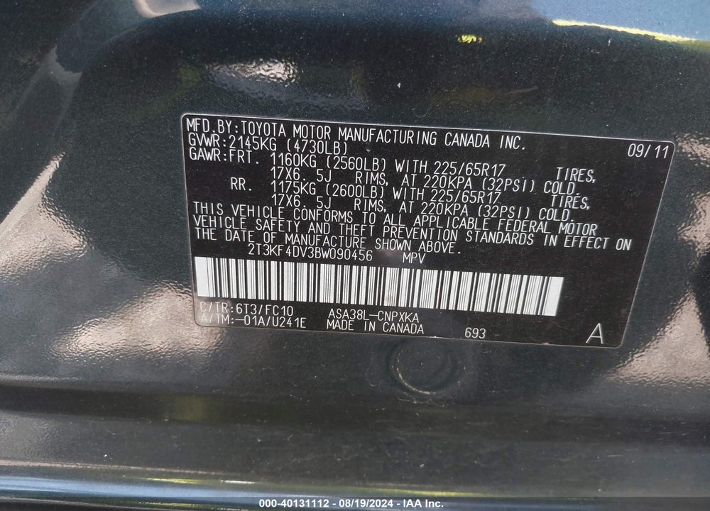 2011 TOYOTA RAV4 VIN: 2T3KF4DV3BW090456