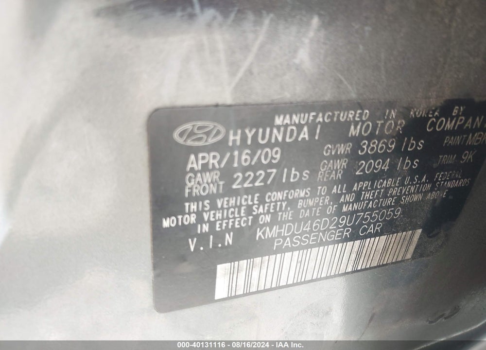 2009 HYUNDAI ELANTRA GLS VIN: KMHDU46D29U755059
