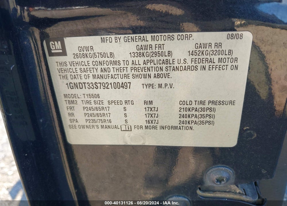 2009 CHEVROLET TRAILBLAZER LT VIN: 1GNDT33S792100497
