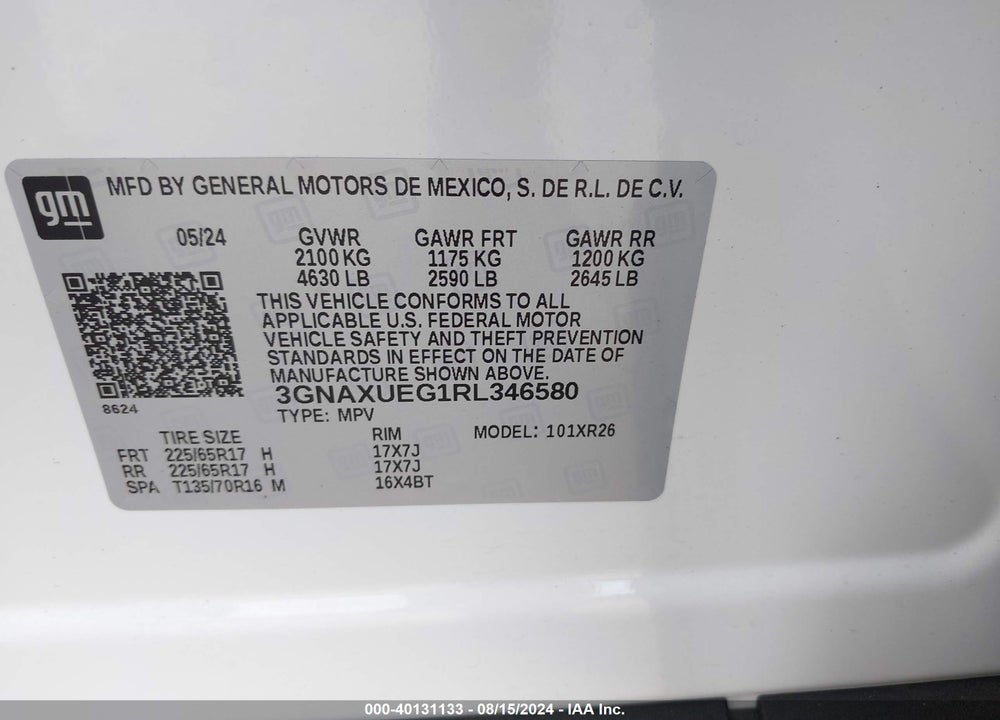 2024 CHEVROLET EQUINOX AWD LT VIN: 3GNAXUEG1RL346580