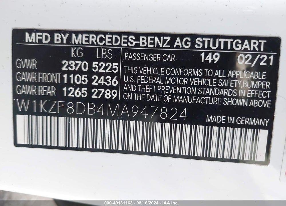 2021 MERCEDES-BENZ E 350 VIN: W1KZF8DB4MA947824