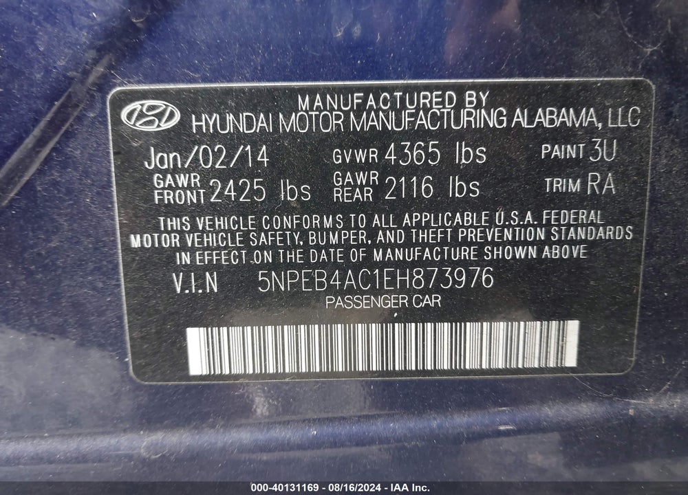 2014 HYUNDAI SONATA GLS VIN: 5NPEB4AC1EH873976