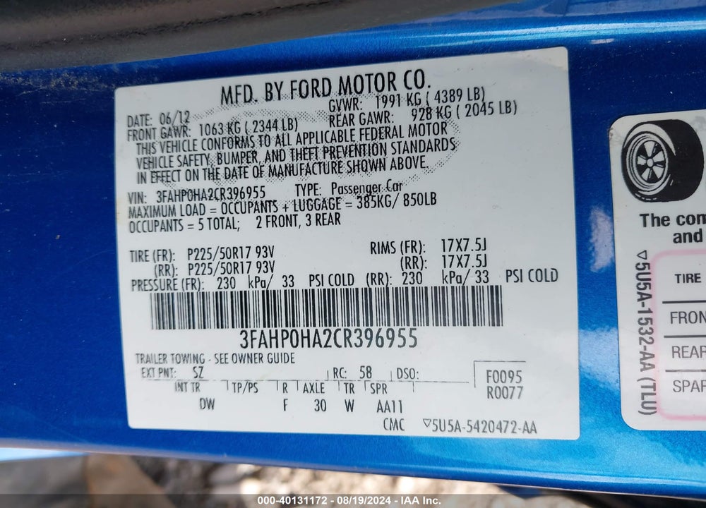 2012 FORD FUSION SE VIN: 3FAHP0HA2CR396955
