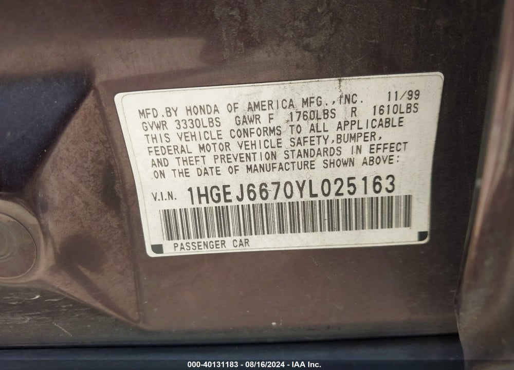 2000 HONDA CIVIC LX VIN: 1HGEJ6670YL025163