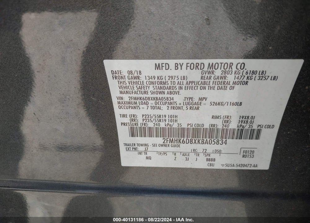 2019 FORD FLEX LIMITED VIN: 2FMHK6D8XKBA05834