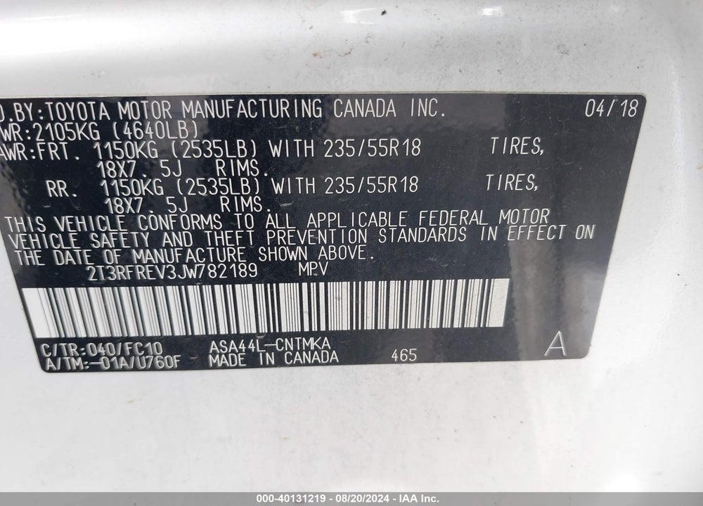 2018 TOYOTA RAV4 ADVENTURE/XLE VIN: 2T3RFREV3JW782189