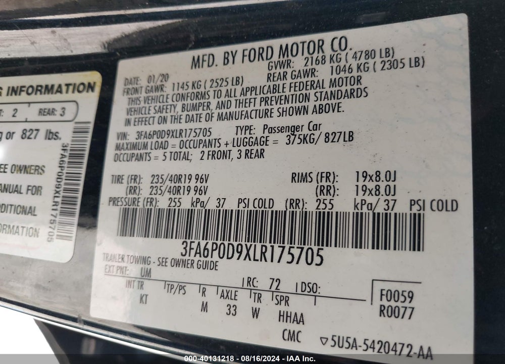 2020 FORD FUSION TITANIUM VIN: 3FA6P0D9XLR175705