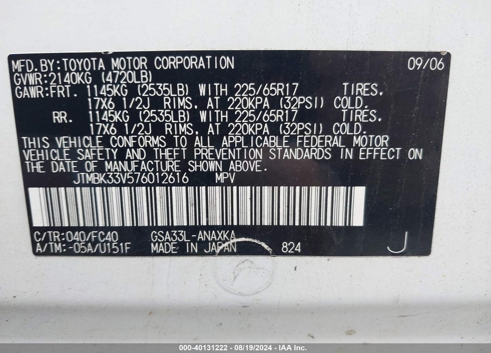2007 TOYOTA RAV4 BASE V6 VIN: JTMBK33V576012616
