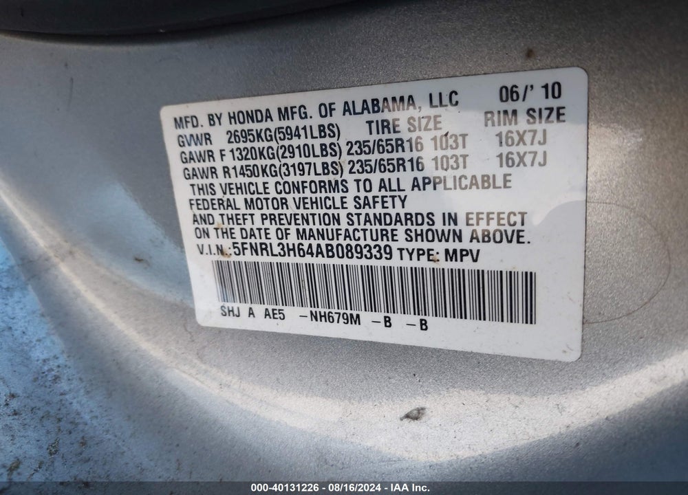 2010 HONDA ODYSSEY EX-L VIN: 5FNRL3H64AB089339