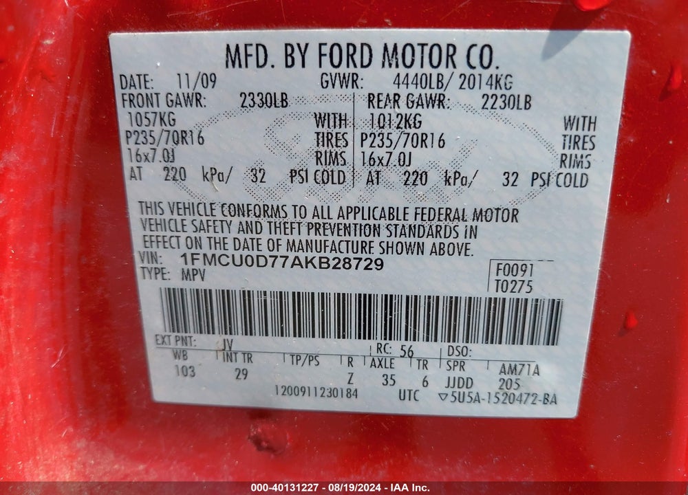 2010 FORD ESCAPE XLT VIN: 1FMCU0D77AKB28729