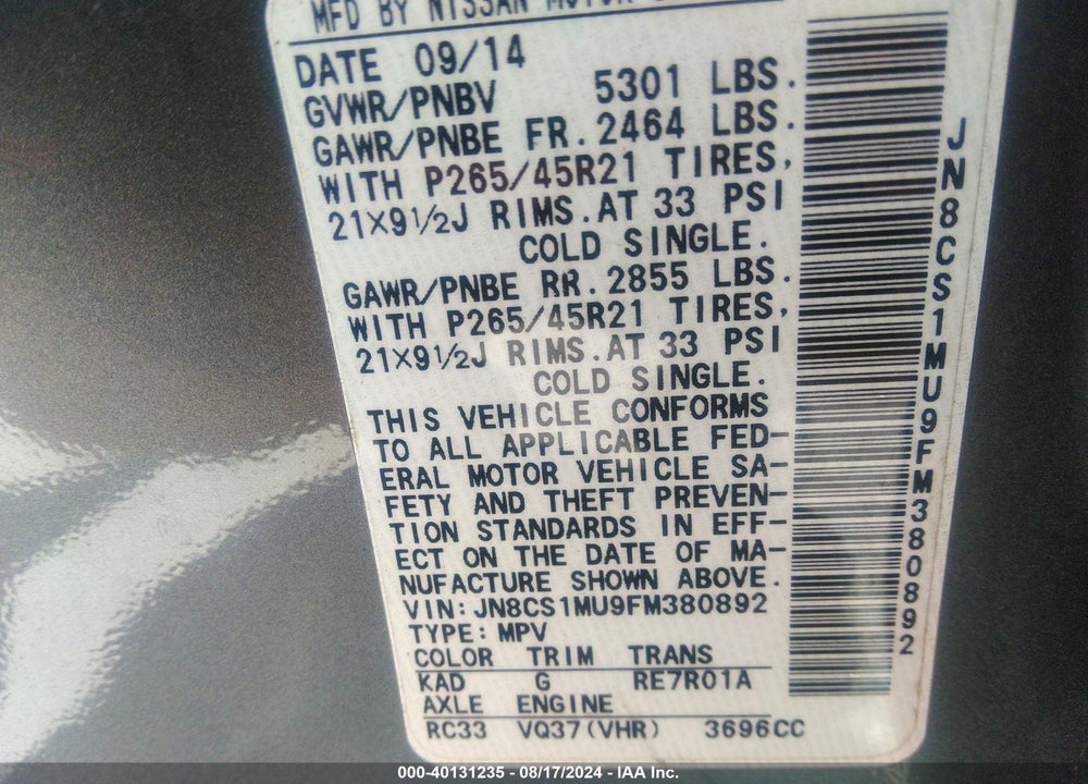 2015 INFINITI QX70 VIN: JN8CS1MU9FM380892
