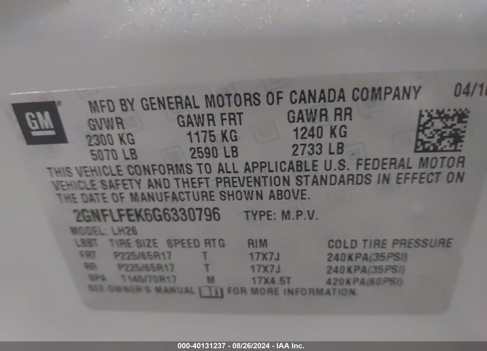 2016 CHEVROLET EQUINOX LT VIN: 2GNFLFEK6G6330796