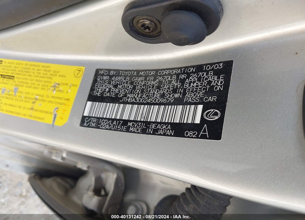 2004 LEXUS ES 330 VIN: JTHBA30G245009679