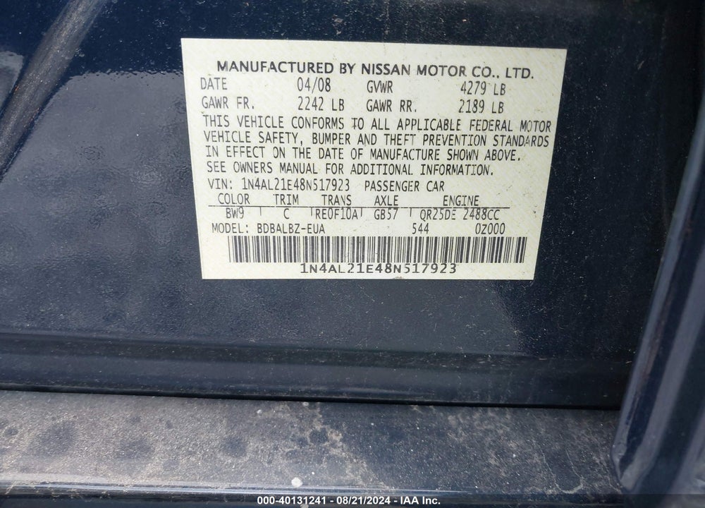 2008 NISSAN ALTIMA 2.5 S VIN: 1N4AL21E48N517923