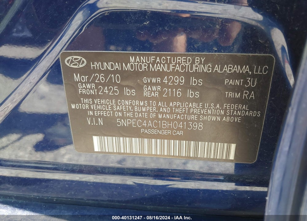 2011 HYUNDAI SONATA SE VIN: 5NPEC4AC1BH041398