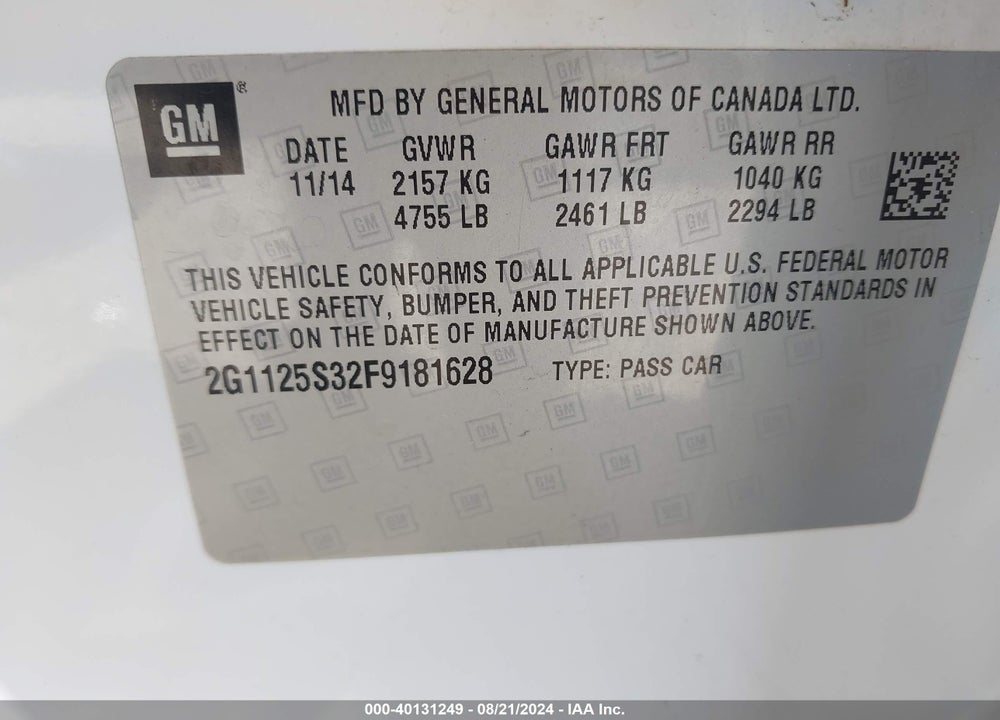 2015 CHEVROLET IMPALA 2LT VIN: 2G1125S32F9181628