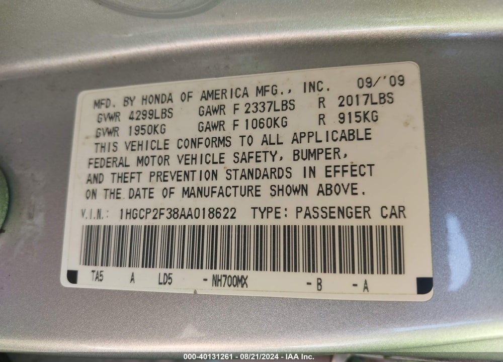 2010 HONDA ACCORD 2.4 LX VIN: 1HGCP2F38AA018622