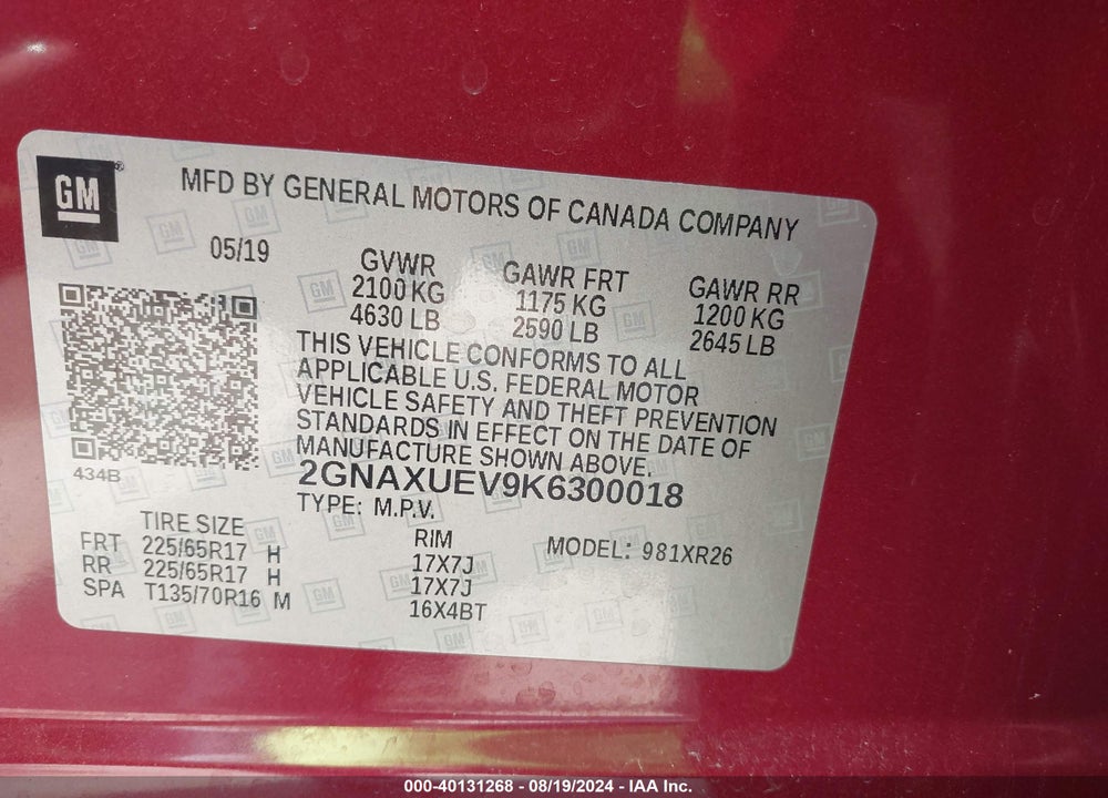 2019 CHEVROLET EQUINOX LT VIN: 2GNAXUEV9K6300018